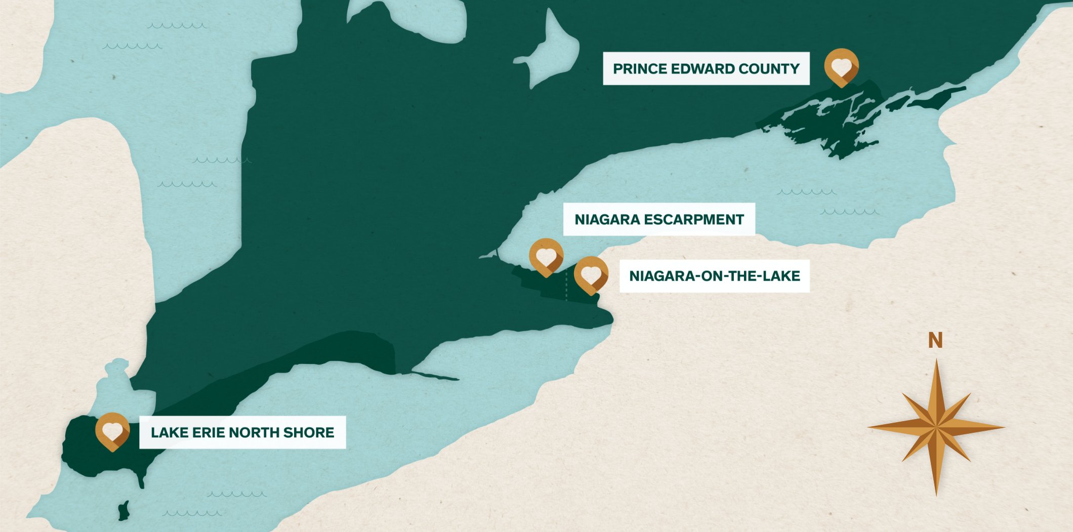 Map of Ontario wine regions. Pelee Island is in the southwest. Lake Erie North Shore is in the centre of the map, north of Lake Erie. Niagara Peninsula is south of Lake Ontario. Prince Edward County is in the northeast.