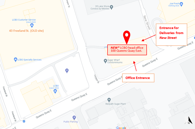 A map indicating the new sample drop-off area at the new LCBO head office